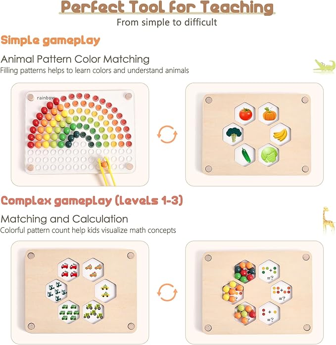 ibwaae Wooden Peg Board Beads Game Color Matching Toys for Toddlers Counting Toy for Preschoolers Learning Montessori Toys Fine Motor Math Gift for Girls and Boys