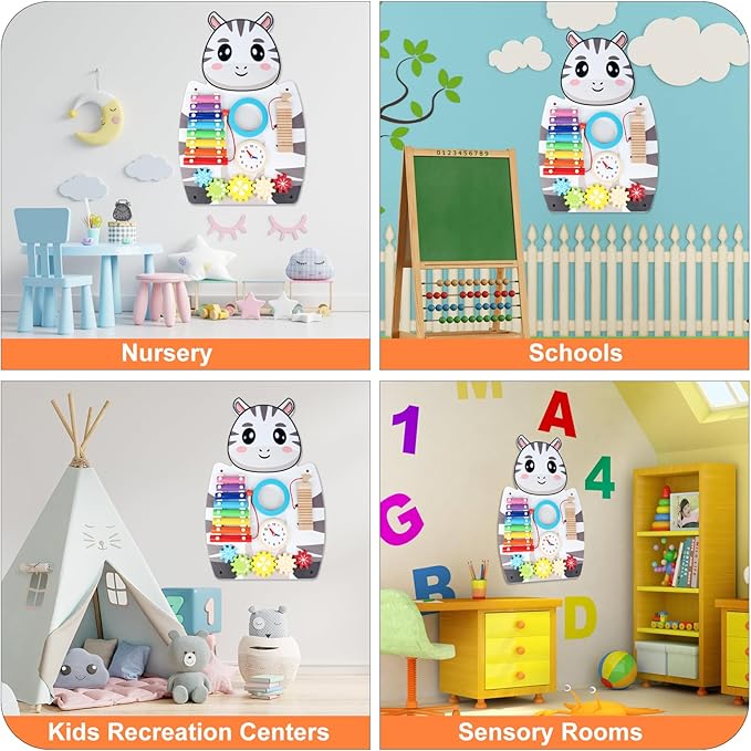 Sensory Wall Panels for Kids - 5 Activities Zebra Wooden Wall Mounted Toy for Daycare - Safety Decor for Toddlers Sensory Playroom