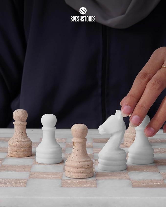 Marble Chess Set 15 Inch White & Travertine Checkers Board Game with Pieces, 2 Extra Queens and Storage Box, Strategy Set for Adults & Family, Travel, Tabletop Play