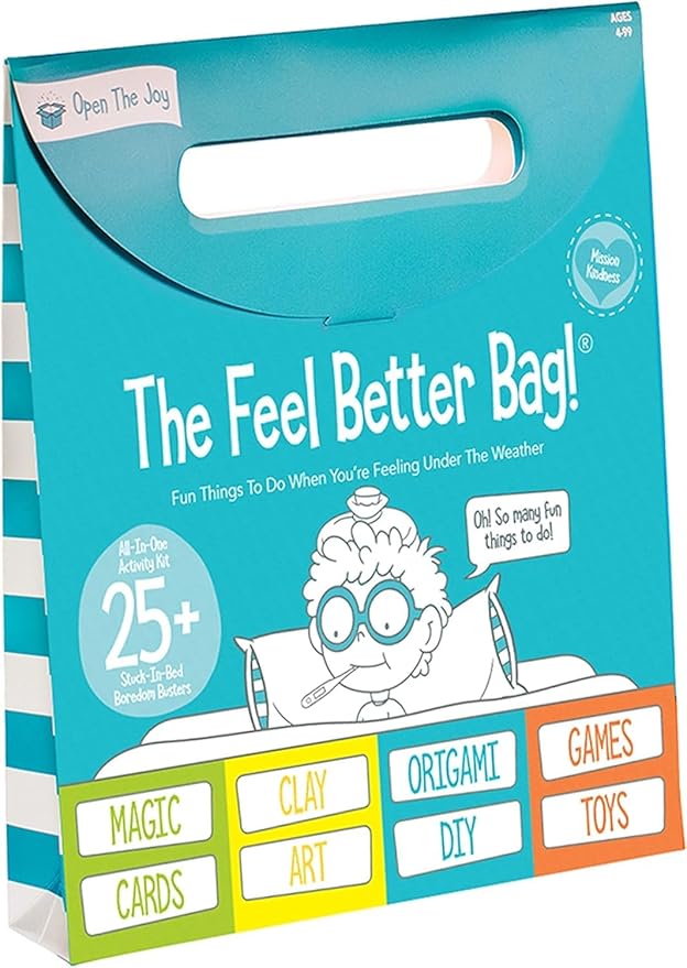 Open The Joy Feel Better Bag: Kids' Get Well Soon Gift Basket with 25+ Fun Activities - Playing Cards, Origami, Games, Clay Art, Magic Tricks - Ideal Gift for Kids Recovering from Surgery - Ages 4+
