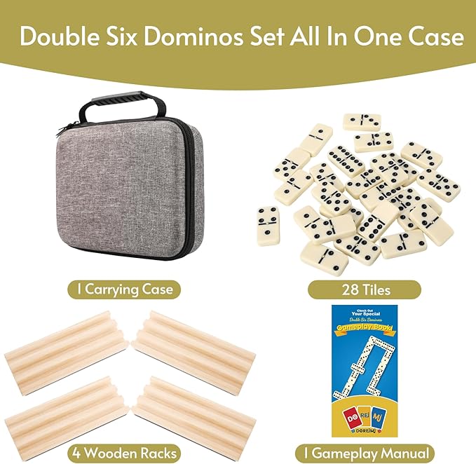 Double 6 Dominos Set for Adults with 4 Wooden Racks & 28 Tiles Travel Dominoes Set Board Game for Family Game Night