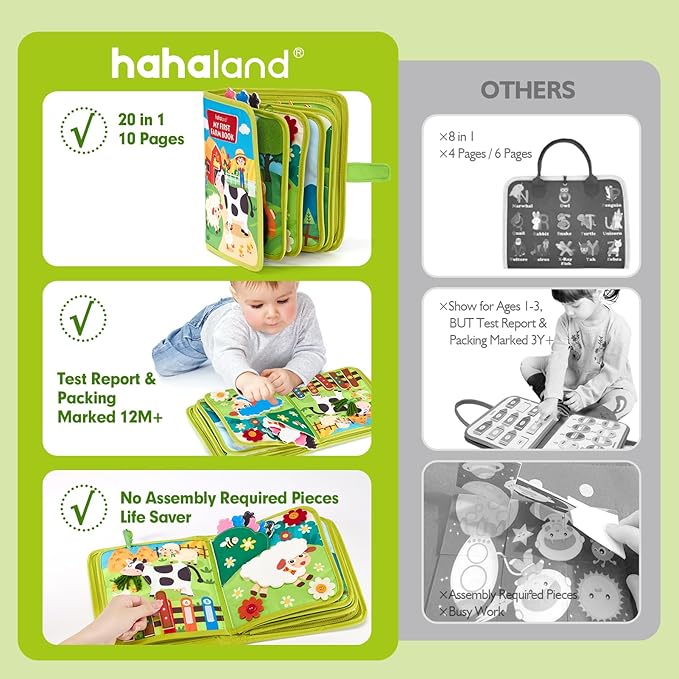 hahaland Busy Book for Toddlers 1-3 - Montessori Toys Busy Board for 1 Year Old Boy Gifts Girl Toys Educational Learning Quiet Activity Books Toddler Airplane Travel Toy 1-2 One Year Old Birthday Gift