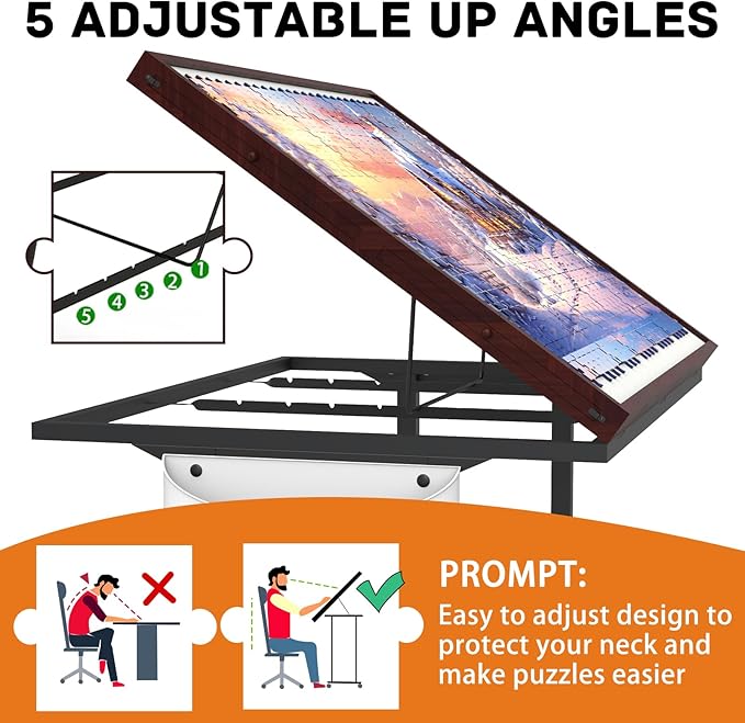 Jigsaw Puzzle Table 1500pcs with Legs and Storage Pocket,5 Adjustable Up Level Puzzle Tables for Adults with Drawers and Wheels,Board Game Table,Coffee Color