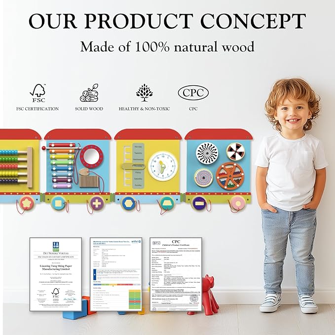 Train Activity Wall Busy Board Panels, Montessori Sensory Toys, Train Sensory Wall Panel for Kids, Wooden Learning Toys, Educational Toy for Toddler Playroom & Children's Daycare
