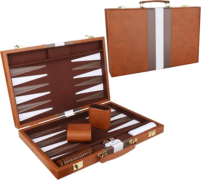 Backgammon Set - Classic Board Game with Premium Leather Case - Portable Travel Strategy Backgammon Game Set for Adults, Kids - Suitable as (15inch, Brown)