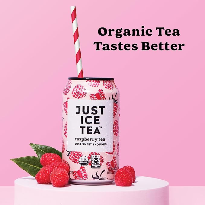 Just Ice Tea, Raspberry Flavored Black Iced Tea, 24-Pack (12oz Cans), USDA Certified Organic, Low Calorie, No Artificial Sweeteners, Fair Trade, Made in USA.
