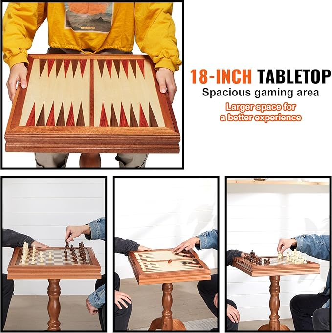 VEVOR 3-in-1 Chess Checkers Backgammon Table Set, 18 Inch Premium Wooden Chess Table, Deluxe Combo Game Table Furniture Set, Chess Set Board Game Gift for Family Board Games