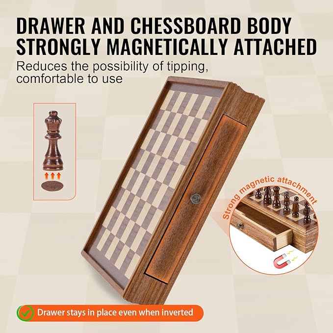 VEVOR Solid Wood Chess Set, 15 inch 2-in-1 Chess Checkers Game Set, Chess Board Games with Storage Drawer & Weighted Chess Checkers Pieces & 2 Queens, Christmas Crafts Xmas Gift