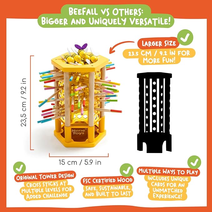 Nene Toys BeeFall, 4-in-1 Wooden Honey Bee Toy for Kids Ages 3-9 - Educational Game with Wooden Honeybee Hive, 12 Bees, Colorful Sticks, Dice & Cards - Fun Family Game for Cognitive Development
