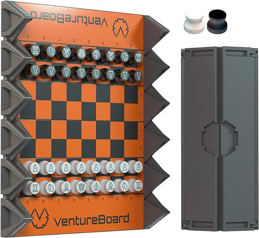 6 Inches Magnetic Unique Chess Set Board Game - 2 Extra Queens - Folding Board, Portable Travel Chess Board Game Pieces - Orange/Grey
