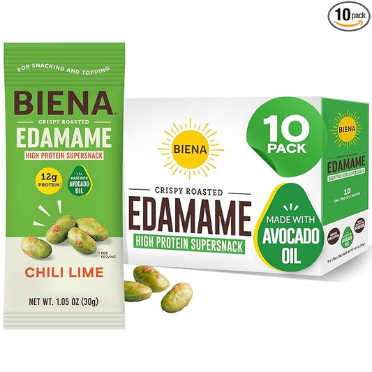 Biena Crispy Roasted Edamame Beans Snack – High Protein Low Carb Snack for Adults & Kids, 12g Protein per Serving - Made w/Avocado Oil – Vegan, Gluten-Free – 10-Pack, 1.05oz Bags, Chili Lime