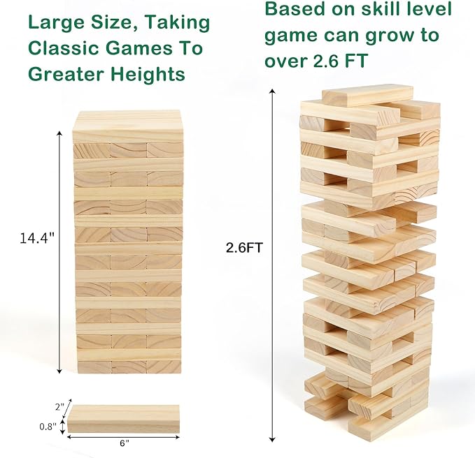 Tumble Tower Set, 54PCS Large Timber Game with Storage Bag, Wooden Stacking Games for Kids Adults and Family, Outdoor and Indoor Play