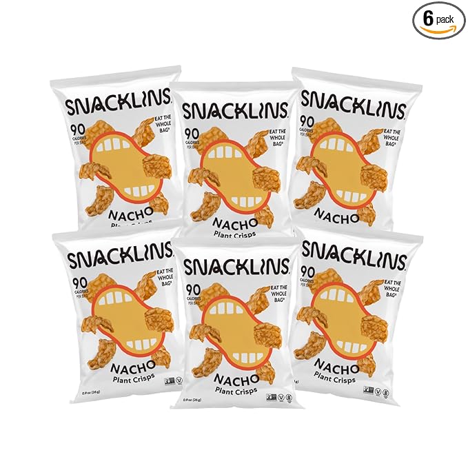 SNACKLINS Plant Based Crisps NACHO Flavor Crips - Gluten Free, Grain Free, 100% Kosher, Vegan Healthy Snacks, Crunchy Puffed Snack, Only 90 Calories Per Bag - .9oz (Case of 6)