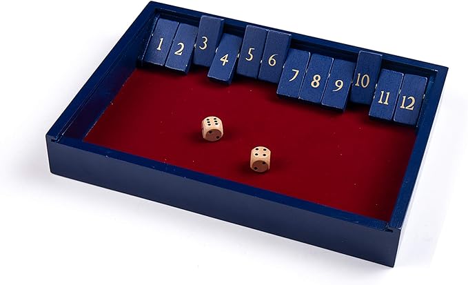 STERLING Games Wooden Shut The Box Game 12 Numbers with Home Decor Design Lid Cover and Felted Rolling Surface, Blue