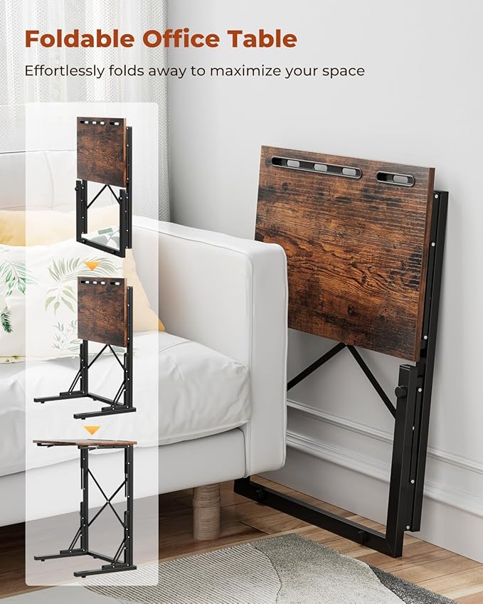 21''Wx28''H Folding TV Tray for Eating, Small Foldable C-Shaped Tray Table with Tablet and Phone Slots, Slide Under Couch Side Table for Recliner, Living Room, Bedroom, Rustic Brown