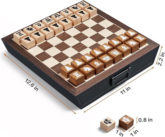 Unique Wooden Chess Set for Kids Adults, 12.5 Inch Chess Board Game with 2 Built-in Storage Drawers, Handmade Chess Pieces, 2 Extra Queens-Chess Table for Beginner/Home Decor