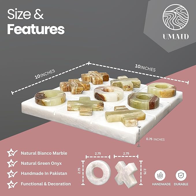 UMAID Luxury Marble Tic Tac Toe Game – A Sophisticated Touch for Dad This Fathers Day – Handcrafted 10” Onyx Board with Velvet Box – Elegant Solid Marble Decor for Coffee Table or Office