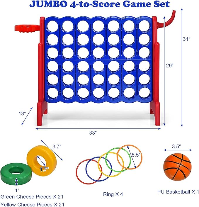 Giant 4 in a Row Connect Game, Jumbo 4 to Score Game Set w/ 42 Chess Rings, Basketball & Hoop, Toss Rings & Quick-Release Lever, Indoor & Outdoor Family Party Game for Kids & Adults, Red
