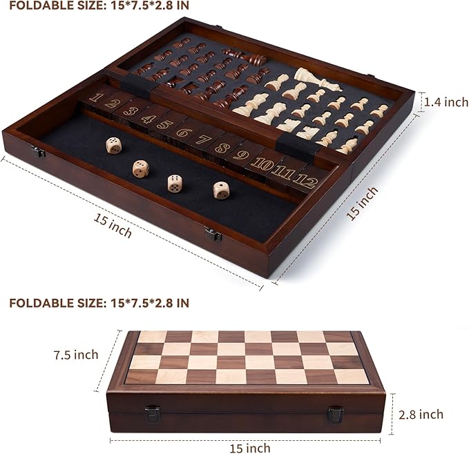 15'' Wooden Chess Set with Shut The Box Game, Magnetic Chess Board-2 Extra Queens-Pieces Storage Slots, Wooden Board Table Math Game, 2-in-1 Folding Board Game Set for Kids, Adults,Beginner