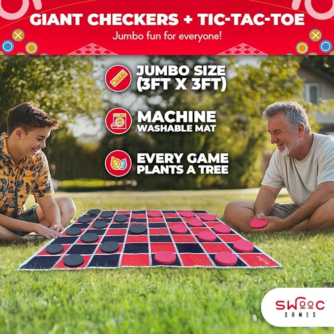 Swooc Games® - 2-in-1 Vintage Giant Checkers & Tic Tac Toe Game W/Mat (3ft x 3ft) - 100% Machine-Washable Canvas - Giant Outdoor Games for Kids - Yard Game for Kids - Jumbo Lawn Set - Large Checkers
