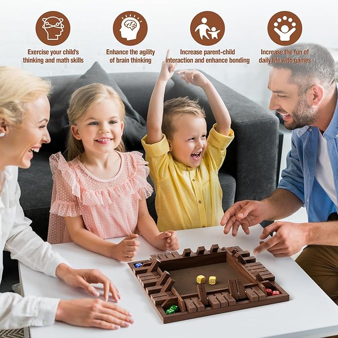 Shut The Box Game Wooden 1 2 3 4 Players Shut The Box Board Games with 8 Dice Math Addition and Pub Close The Box Game Wodden for Kids & Adults 12 Inch