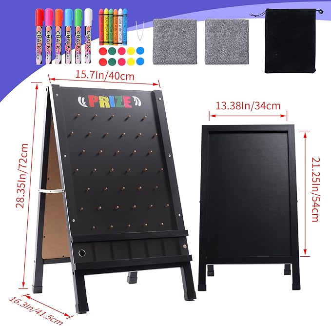 Prize Drop Game Board, 15.7"X27.5" Double-Sided Foldable Design with Wooden A-Frame Chalkboard Sign for Family, Carnival, Trade Show & Party-Includes 10 Coin Drop Discs and Chalk Set, Portable Design