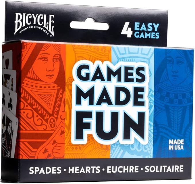 Bicycle 4 Playing Card Games in 1: Euchre, Hearts, Spades, and Solitaire (4 Card Game Pack)