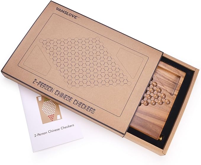 VAMSLOVE 12.5" Wooden Chinese Checkers Two Player Board Game - Chinese Checkerboard for 2 - w/Glass Marbles (16-Millimeter) - Games Instructions Included - Ideal Gift Home (Walnut Wood)