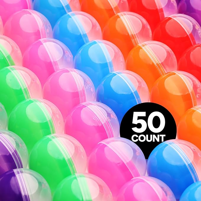 Entervending Empty Clear-Colored Round Capsules 2 inch 50 pcs Bulk 7 Colors Capsule for Toy Gumball Machines Plastic Containers Surprise for Kids Party Favor Prize
