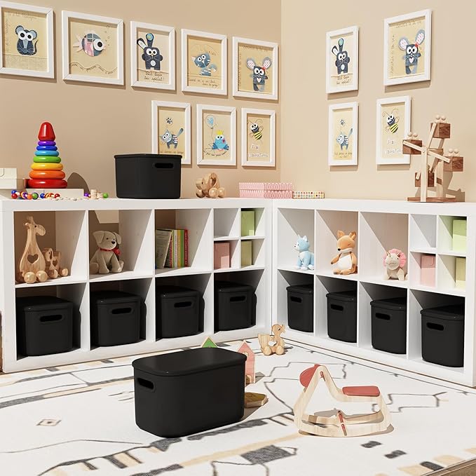 8 Pack Black Storage Bins with Lids Stackable Storage Container for Organizing, Black Storage Boxes with Handle for Shelves, Cute Organizer Bins for Craft, Snacks, 9.85x6.9x5.7 inch