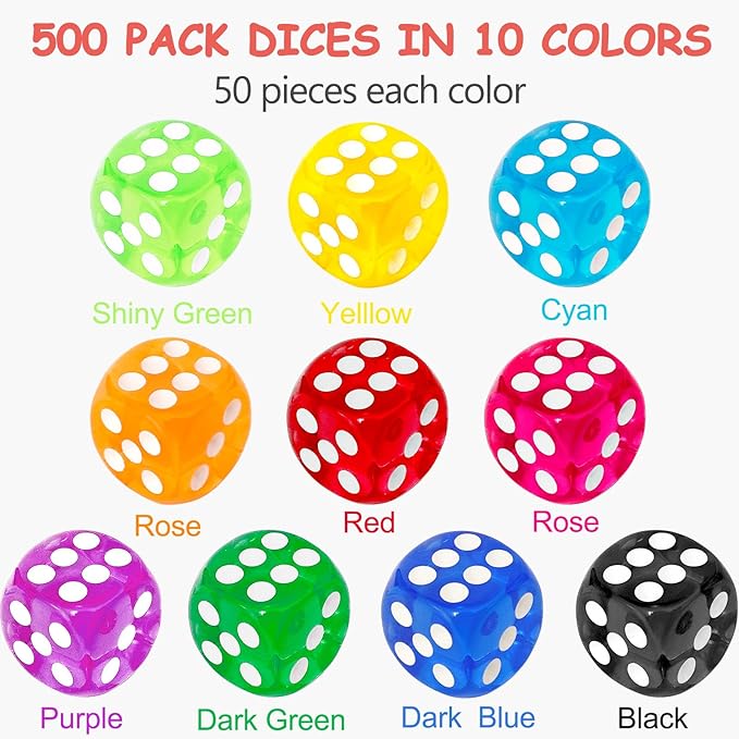 500 Pieces Colored Dice Bulk Set 14 MM 6 Sided Standard Dices for Classroom Teaching Board Game Playing and Rolling, 10 Colors