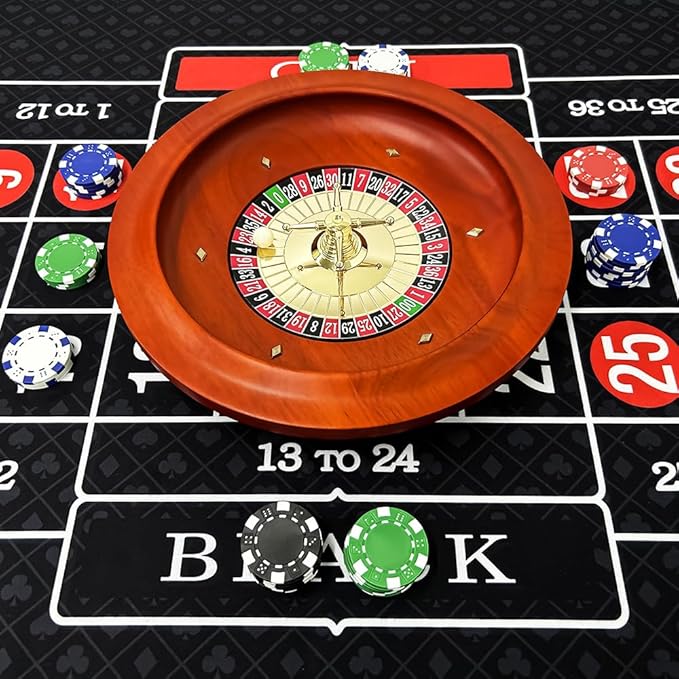 11 inch Solid Roulette Wheel Set with 47.2 x 22.8 Inch Double Sided Table Layout Felt Mat, 100 ABS Chips, and Dealer Button Playing Cards Casino Roulette Game Sets for Adults