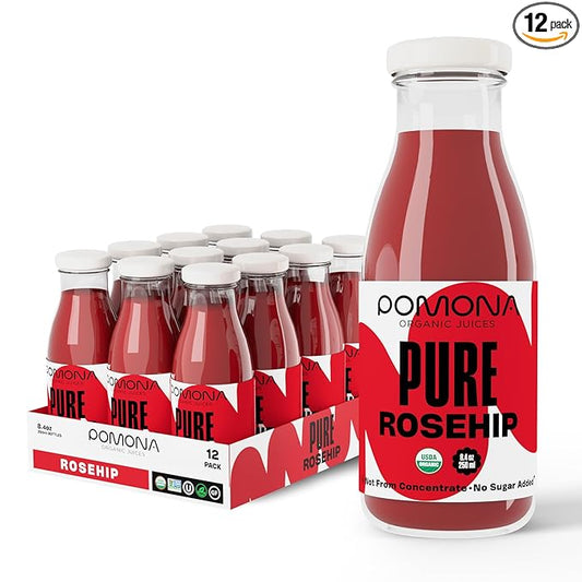 Pomona Organic Juices Pure Rosehip Juice, 8.4 Ounce Bottle (Pack of 12), Cold Pressed Organic Juice, Non-GMO, No Sugar Added, Not from Concentrate, Gluten Free, Kosher Certified, Preservative Free