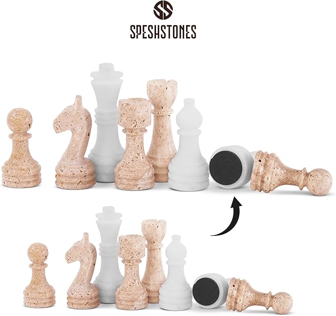 Marble Chess Set 15 Inch Travertine & White Checkers Board Game with Pieces, 2 Extra Queens and Storage Box, Strategy Set for Adults & Family, Travel, Tabletop Play