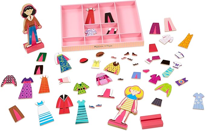 Melissa & Doug Abby and Emma Deluxe Magnetic Wooden Dress-Up Dolls Play Set (55+ pcs) Magnetic Paper Dolls for Kids Ages 3+