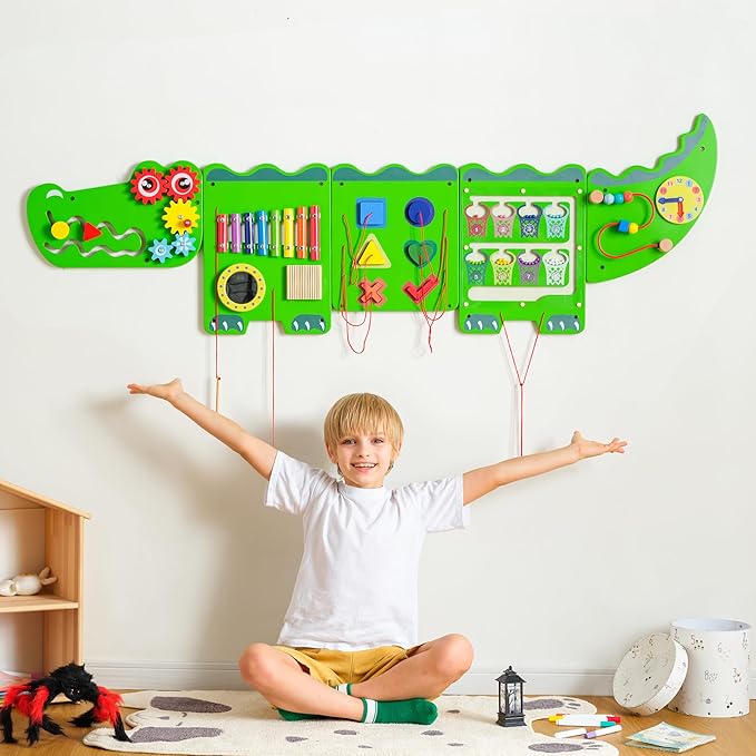 Crocodile Sensory Toys Activity Wall Panels, Educational Montessori Busy Board for Toddlers 18m+, Activity Cube - Sensory Wall, Wooden Learning Toys, Interactive Toys, Green