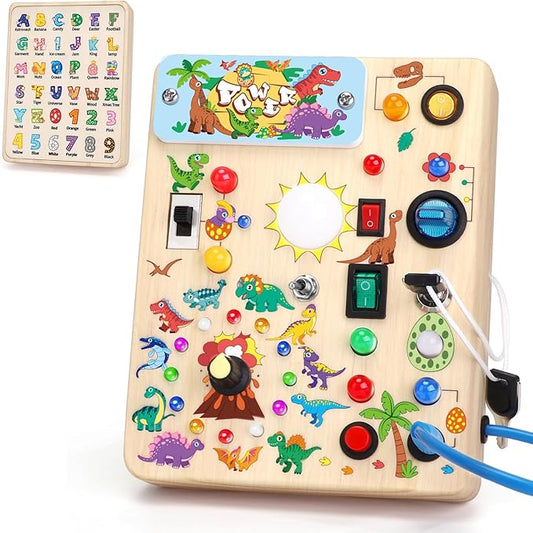 Dinosaur Busy Board, Wooden Toddler Toy, Sensory Travel Toy, Ideal Gift for 1-3 Years Old Boys (Dinosaur Busy Board Plus V2), Blue