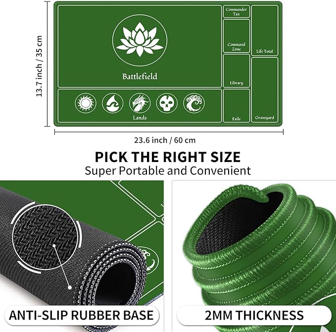 Card Playmat Stitched with Magic Zones, Game Mats Tabletop 24x14 inch for MTG/TCG Card Battles Commander Deck Gaming Desk Mat Duel Mat Card Gameplay Mats for Beginner (Black, Green, 2 Pack)