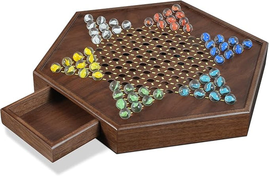 Chinese Checkers Set, 15 Inch Wooden Checkers Board Game with 60+12 Colorful Glass Marbles Fun Family Chinese Checkers Game for 2-6 Players