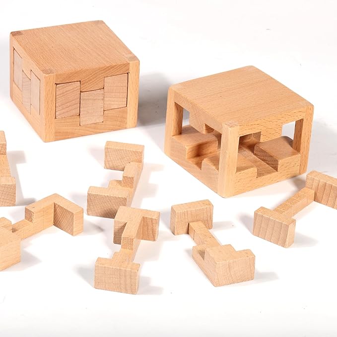60 Steps Hard Wooden Cube Brain Teaser Puzzle Toys Mini Size Big Challenge Gamges 3D Assembly and Disentanglement Unlock Toy Unique Learning Gift for Kids and Adults