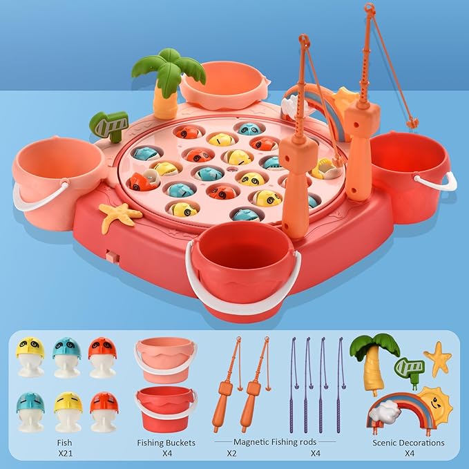 Magnetic Fishing Game Set - 21 Fish and 6 Poles, Rotating Toddler Board Games with Music Switch, Fine Motor Skills Fishing Toys for Kids and Toddlers 3 4 5 6 7 8 and Up