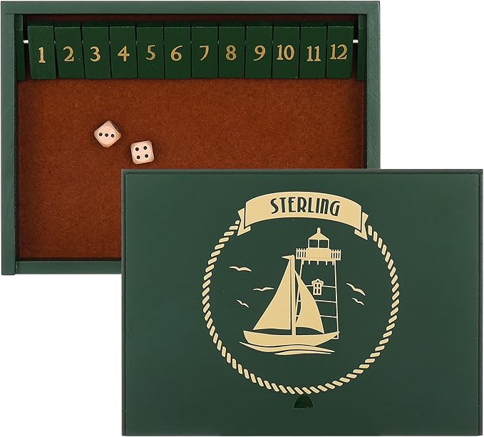 STERLING Games Wooden Shut The Box Game 12 Numbers with Home Decor Design Lid Cover and Felted Rolling Surface, Green