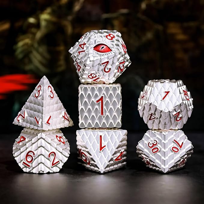 Metal Dice Set D&D,7 PCS Dragon Scale Metallic DND Dice Set,Dragon Eye Metal Dice with Gift Metal Box for Dungeons and Dragon Tabletop Game (White Dragon Scale & Red Eye)