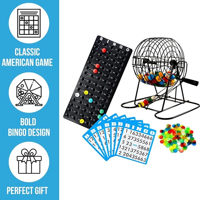 Regal Bingo Deluxe Game Set for Adults and Kids - Includes 8 Inch Wheel Cage, 75 Balls, Master Board, 50 Cards and Colorful Chips - Fun Family Game Night