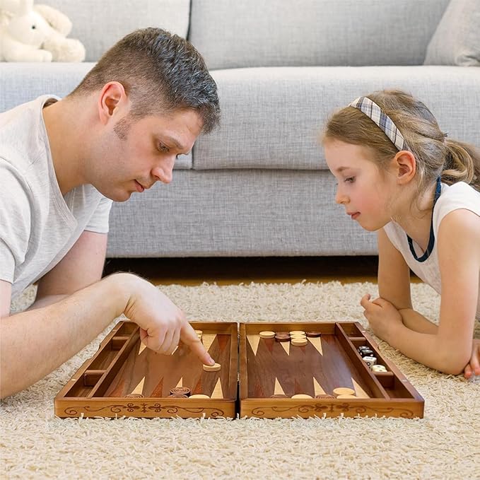 Wooden Inlaid Backgammon Set, Classic Strategy Board Game Case 15.7" Large Size, Backgammon with Checkers Pieces for Adults and for Children