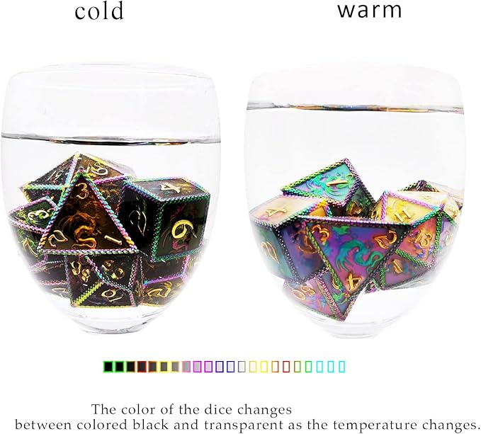 HAOMEJA Color Changing Temperature Metal Dragons DND dice set D&D dice Set Role Playing Dice Apply to Dungeons and Dragons Black Transition Colourful