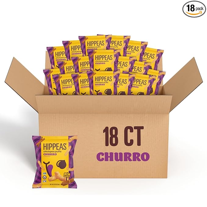 Hippeas Chickpea Puffs, Churro, 0.75 Ounce (Pack of 18), 3g Protein, 2g Fiber, Vegan, Gluten-Free, Crunchy, Plant Protein Snacks