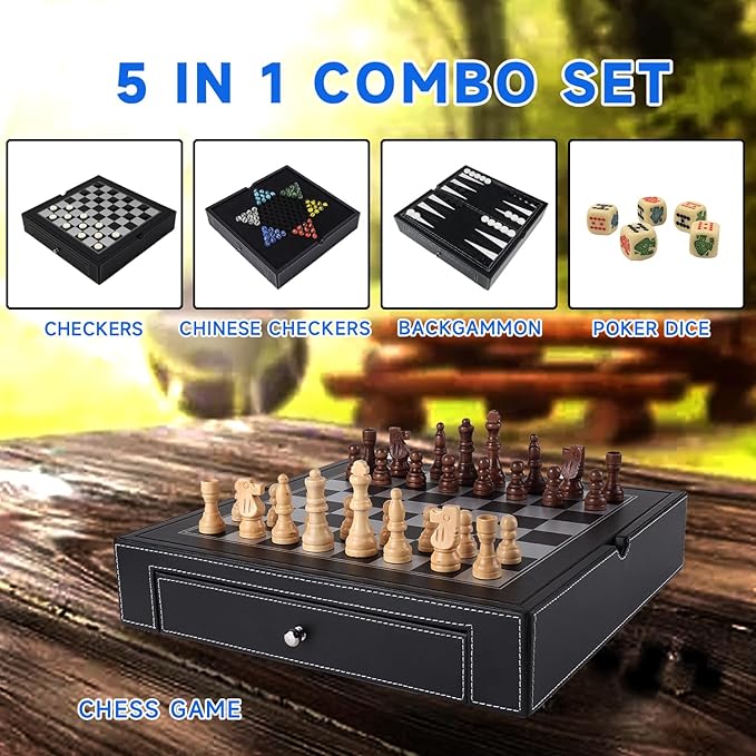 GSE Games & Sports Expert 12.5" Premium Leather 5-in-1 Chess, Checkers, Backgammon, Chinese Checkers, and Poker Dice Board Game Combo Set for Kids & Adults