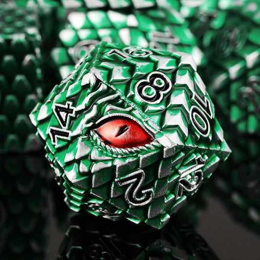 Metal Dice Set D&D,7 PCS Dragon Scale Metallic DND Dice Set,Dragon Eye Metal Dice with Gift Metal Box for Dungeons and Dragon Tabletop Game (Green Dragon Scale & Red Eye)