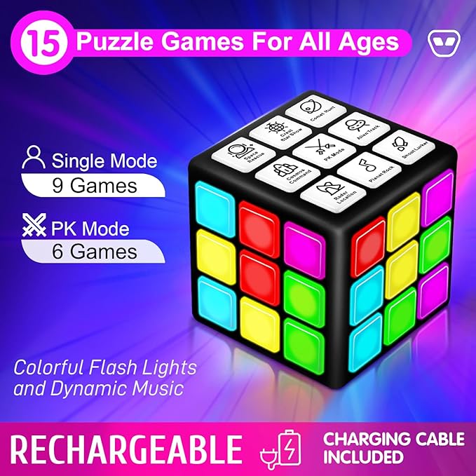 Rechargeable Game Handheld Cube - 15 Fun Brain & Memory Game with Score Screen - Christmas Easter Birthday Gifts for Boys Girls Ages 6-12+ Years Old - Toy Gift Idea for Kids Teens (Black)